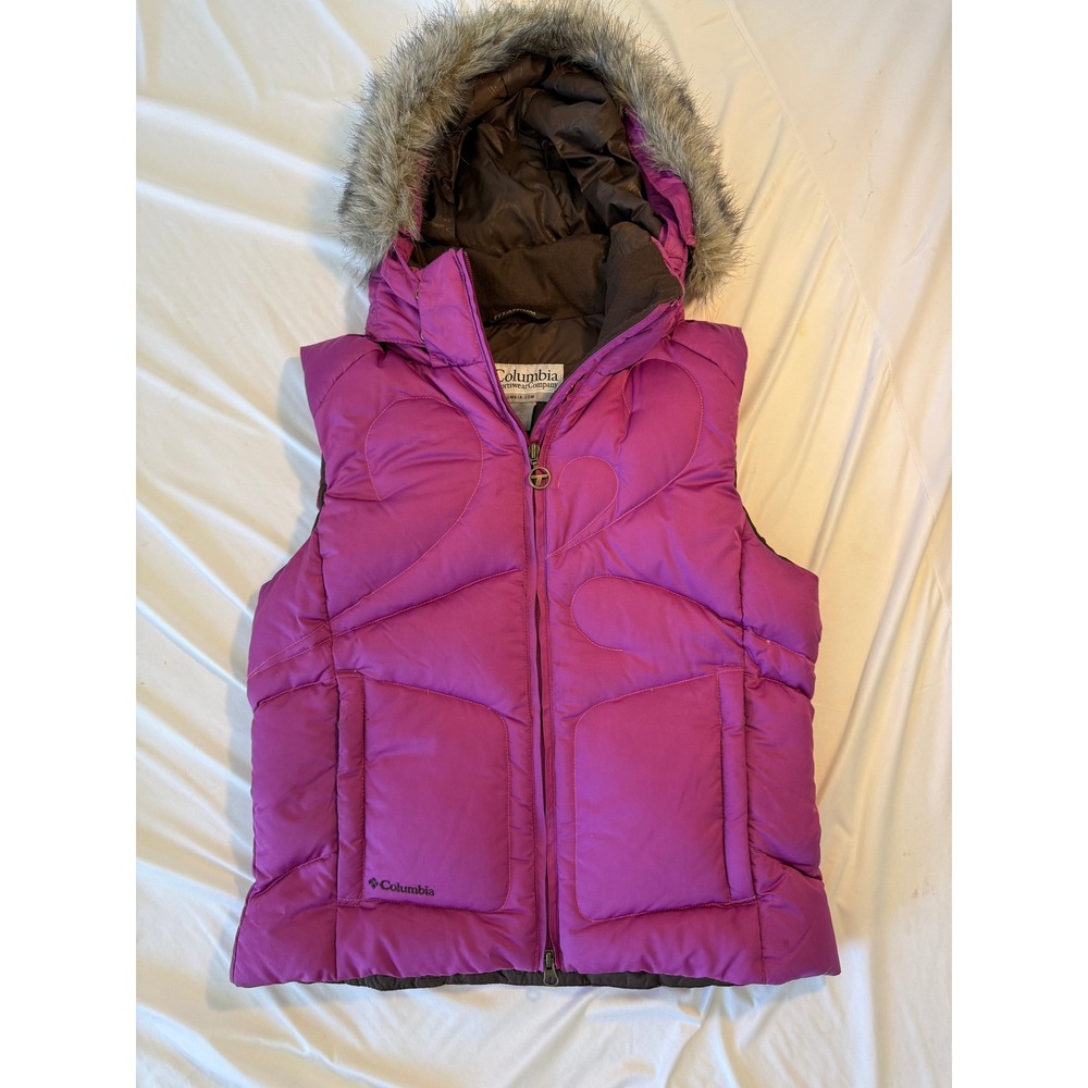 Columbia Titanium Puffer Vest Magenta Purple Faux Fur Hood Womens Medium